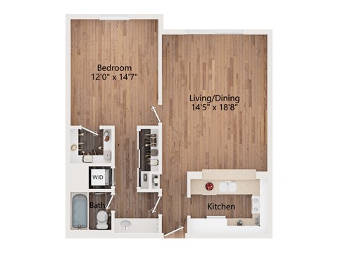 Floor plan for 1 bed, 1 bath, 745 sqft